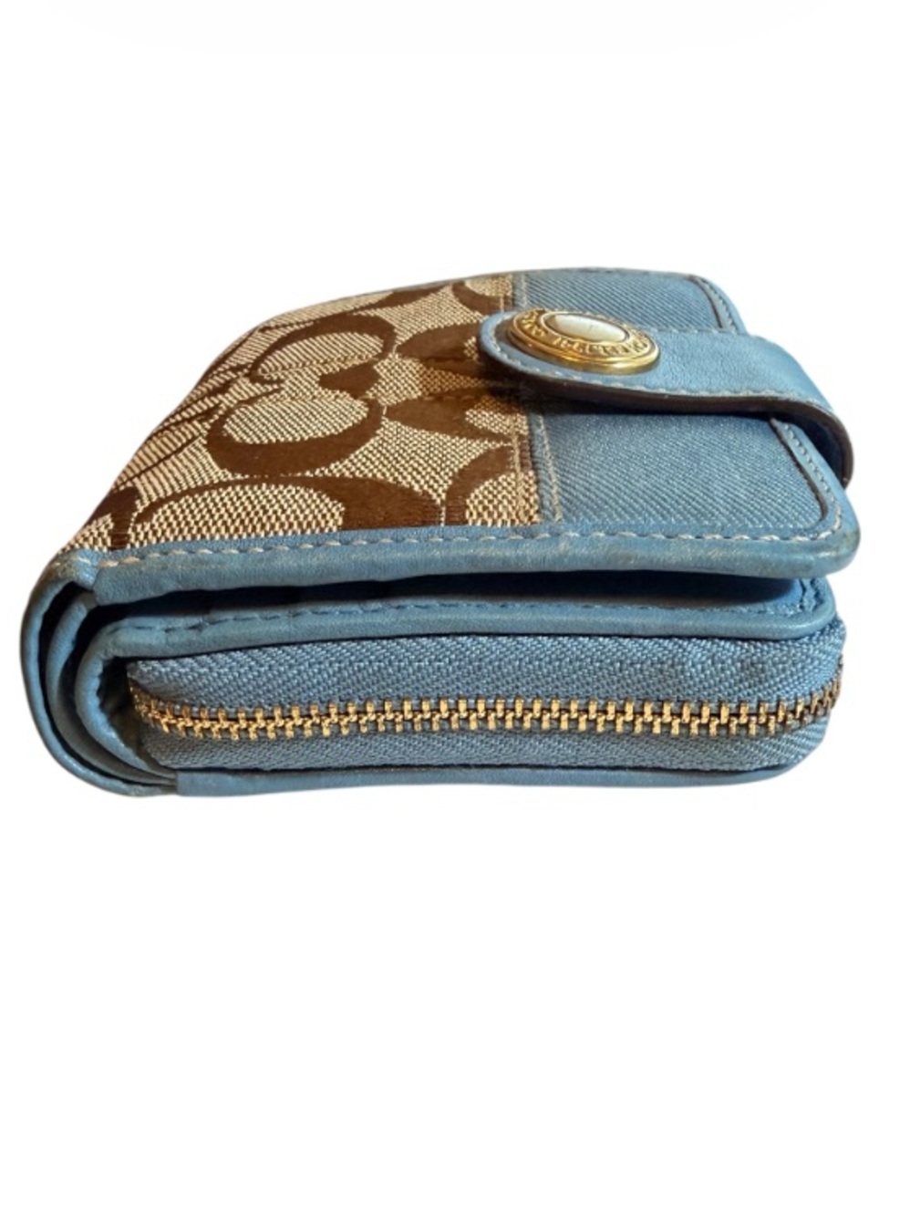 Coach Khaki Signature Blue Strim Leather Zip-Around Credit Card Wallet - Picture 4 of 13